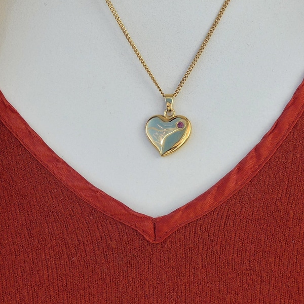 MOVITEX Small Gold-plated Heart Pendant Necklace On Fine Chain, With Single Red Diamanté Detail, Vintage 1970s, Valentine's Day Gift