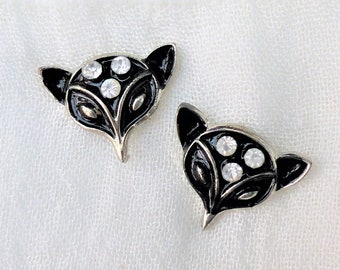 Vintage 1990s Black and Silver-tone Fox Head Stud Earrings - BNWT