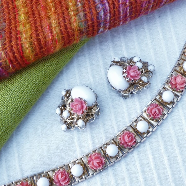 Vintage 1940s Czech Filigree Book Bracelet & Clip-on Earrings Set, Milk Glass Cabochons and Faux Coral Celluloid Roses, Possibly Neiger ?