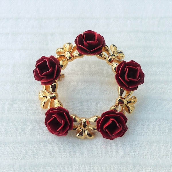 MOVITEX Gold-Plated Circular Wreath Brooch With Red Metal Roses and Bows, Vintage 1980s