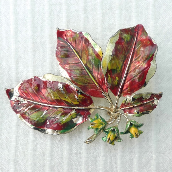 EXQUISITE Leaf Series, 'Copper Beech' Large Champagne Goldtone Cold-painted Enamel Leaf Brooch, Vintage 1960s