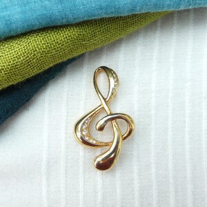 Vintage 1970s Gold Plated Treble Clef Brooch With Clear Crystal Diamanté Accents, Funky 1970s Shape
