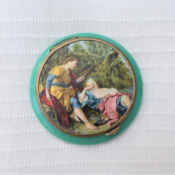 SPINGARN French Turquoise Celluloid Powder Compact With 18th Century Romantic Rural Scene, Signed 'S' For Hermal Spingarn, Vintage 1940s