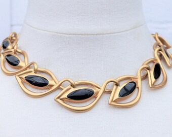 ANNE KLEIN Modernist Matt Gold-plated Black Enamel Choker, Designer Necklace, Vintage 1980s