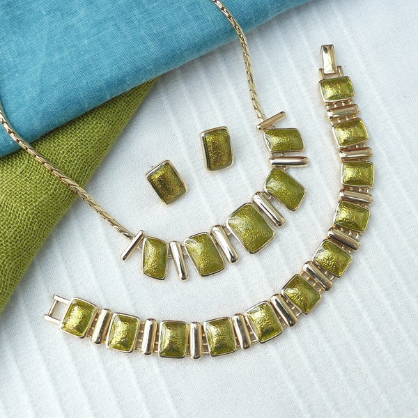 CIRO Gold-Plated Lime Green Enamel 3 Piece Set, Necklace, Bracelet & Earrings, BNIB, Vintage 1980s