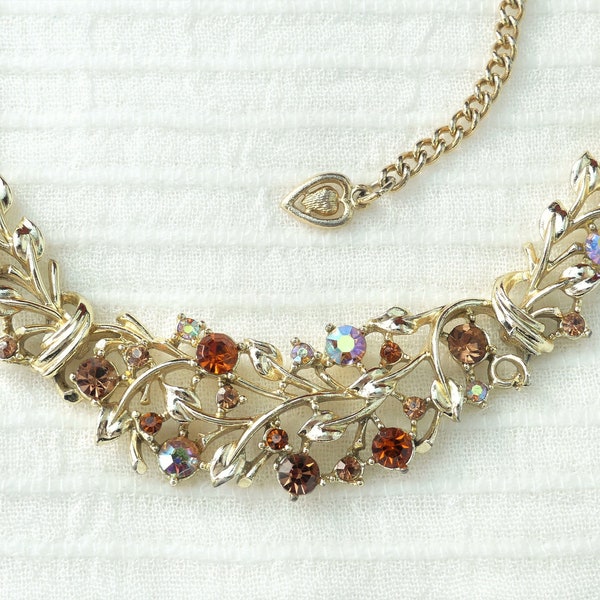 JEWELCRAFT by CORO Champagne Gold-tone Choker Necklace With Orange & Clear AB Diamanté Stones, Vintage 1960s