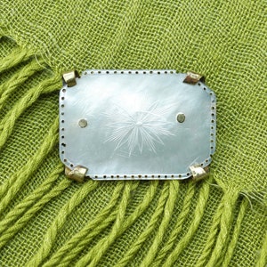 Antique Victorian Rectangular Mother-of-Pearl Shell Brooch, Incised Star Pattern & Brass Back Plate, Vintage 1890s