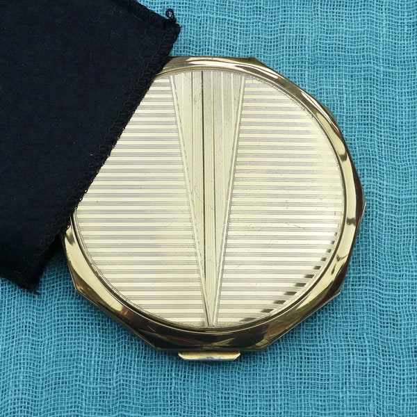 STRATTON Art Deco Design Powder Compact, Laiton Laqué Forme à Dix Faces, Avec Housse en Feutre Noir, vintage 1950s