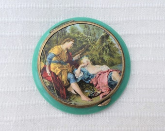 SPINGARN French Turquoise Celluloid Powder Compact With 18th Century Romantic Rural Scene, Signed 'S' For Hermal Spingarn, Vintage 1940s