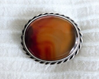 Antique Victorian Silver-plated Orangey-Red Carnelian Agate Brooch With Double Rope Twist Border