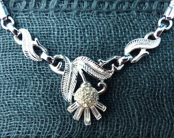 CROWN TRIFARI Rhodium-plated Diamanté Thistle Necklace, Vintage 1950s