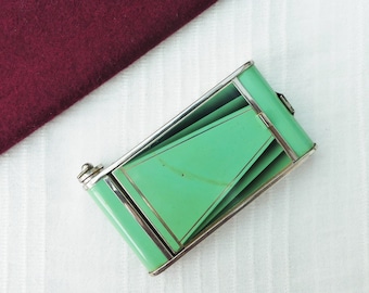 Vintage 1940s Mint Green & Black Art Deco Camera Compact, With Powder Sifter, and Lipstick Case Insert, *Missing Mirror