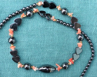 Vintage 1970s - Hematite Beaded Necklace with Hearts and Coral Chippings, Valentine&#39;s Day Gift