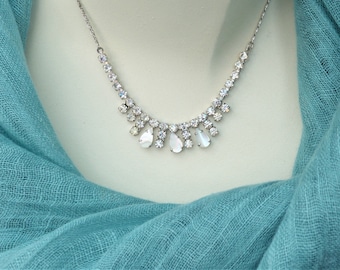 Vintage 1960s - Silvertone Claw-set Clear Diamanté and Mother of Pearl Bib Necklace