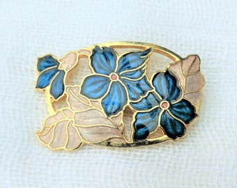 FISH  Cloisonne Brooch, Blue Enamel Flower Pin, Vintage 1980s