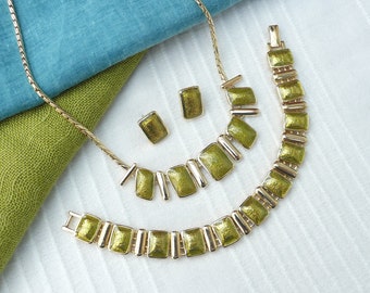 CIRO Gold-Plated Lime Green Enamel 3 Piece Set, Necklace, Bracelet & Earrings, BNIB, Vintage 1980s