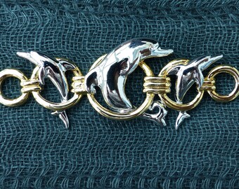 ACTV Rhodium & Gold-plated Dolphins and Hoops Brooch, Vintage 1980s