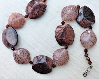 Vintage 1990s - Chunky Crackle Acrylic Bead Necklace in Shades of Cream, Grey & Brown