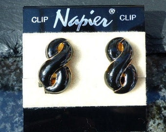 NAPIER Gold-plated Black Enamel Screw-back Earrings, Vintage 1980s