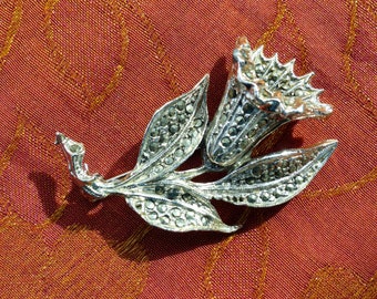 Vintage 1950s Rhodium-plated Marcasite Lily Brooch