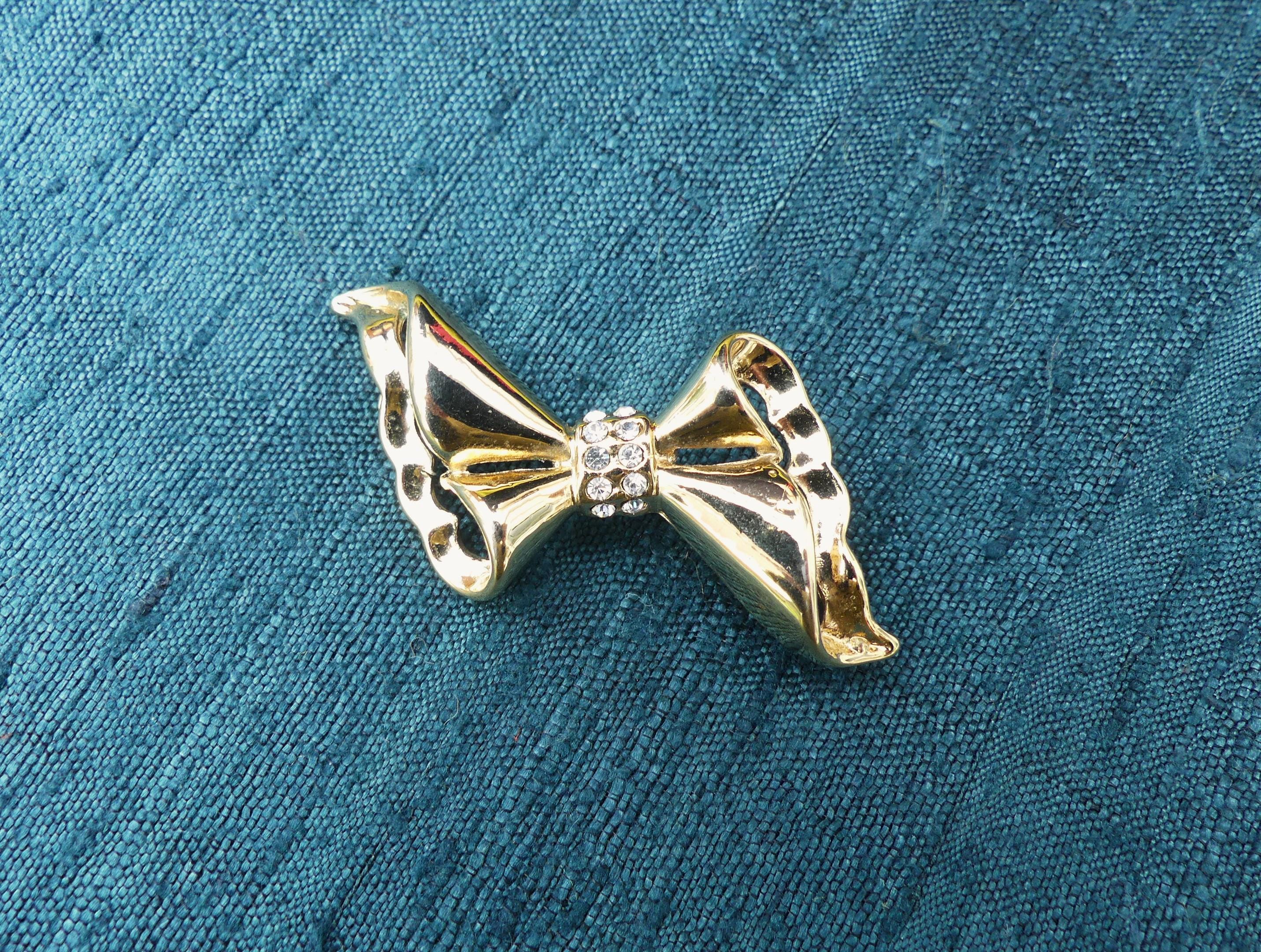 Broche Ancienne Nœud Plaqué Or 2 Tons Avec Perle Verre Et Strass - Vintage, France