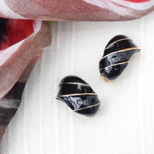 Vintage 1980s Large Gold-plated Black Enamel Clip-on Earrings