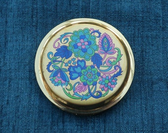 MASCOT Lacquered Brass Powder Compact with Teal Blue, Green and Pink Funky Floral Design, Unused Vintage 1970s