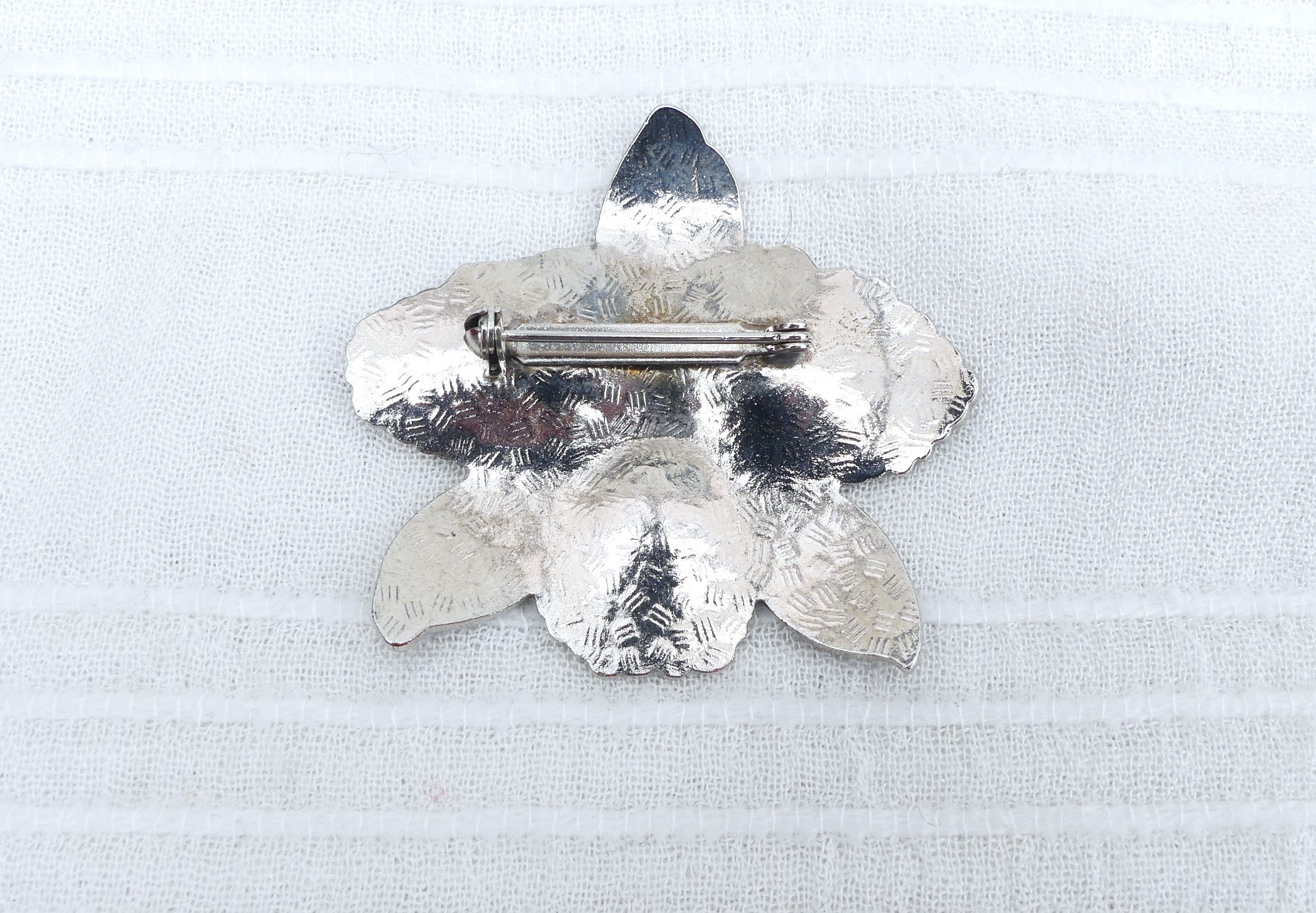 Grande Broche Orchidée émail Cloisonné Noir Rouge Or - Bijou Vintage - Occasion Parfait état