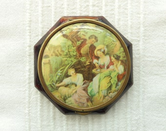 SPINGARN ? French Faux Tortoiseshell Celluloid Powder Compact With 18th Century Romantic Rural Scene on Lid, Vintage 1940s