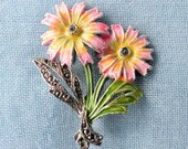 Vintage 1940s/50s - Rhodium-plated Flower Brooch with Marcasite and Peachy-Orange and Green Cold-painted Enamels