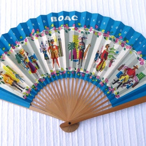 BOAC Chinese Paper & Bamboo Hand Fan, Teal Blue With 'BOAC Takes Care Of You' Design, Vintage 1960s