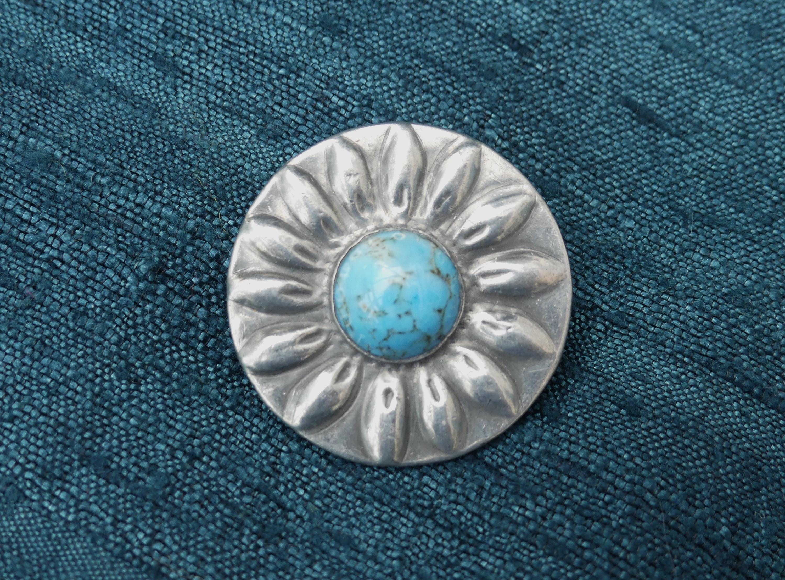 Broche Ancienne Art Déco En Bakélite Et Pâte De Verre Bleue - Occasion - État Correct