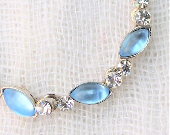 Vintage 1990s Silvertone Chrome Chain Bracelet With Pale-Blue Frosted Moonglow Marquis-cut Cabochons and Clear Crystal Diamanté