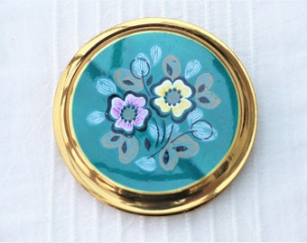 BOOTS 1970s Powder Compact, Lacquered Brass with Teal Blue, Pink and Yellow Floral Design, Unused Vintage