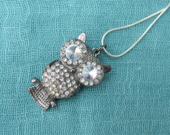 Vintage 1990s - Gunmetal Silver-tone Sparkly Crystal Owl Pendant With Silver-plated Snake Chain