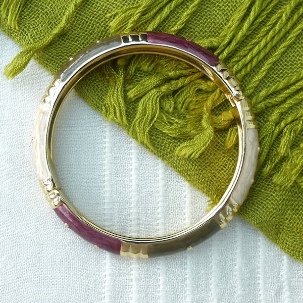 Vintage jaren 1980 Vergulde Clamper Bangle met gelijke delen van kastanjebruin, crème en donkergrijs Swirly emaille met vergulde divisies