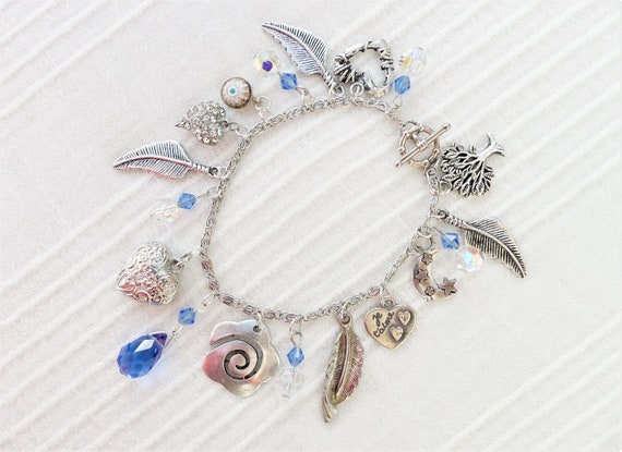 OOAK Silvertone Charm Bracelet, Millefiori Glass,… - image 1