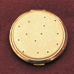 VICCI Floral Design Powder Compact, Matt Goldtone Embellished With Tiny Red Diamanté, Unused Sifter & Puff Included, Vintage 1990s / 2000