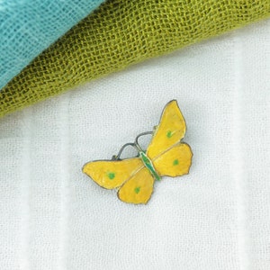 J. ATKIN & SON Tiny Antique Sterling Silver Yellow Guilloche Enamel Butterfly Brooch, No. 1085, c.1916