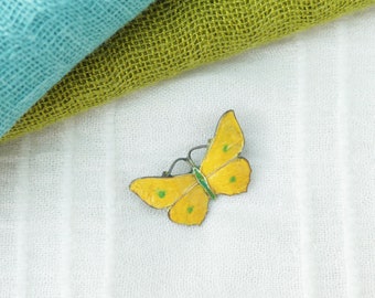 J. ATKIN & SON Tiny Antique Sterling Silver Yellow Guilloche Enamel Butterfly Brooch, No. 1085, c.1916