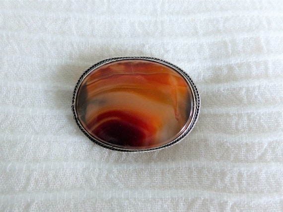 Broche Barrette Ancienne En Agate Cornaline Rubanée - Orange - Métal Nickelé