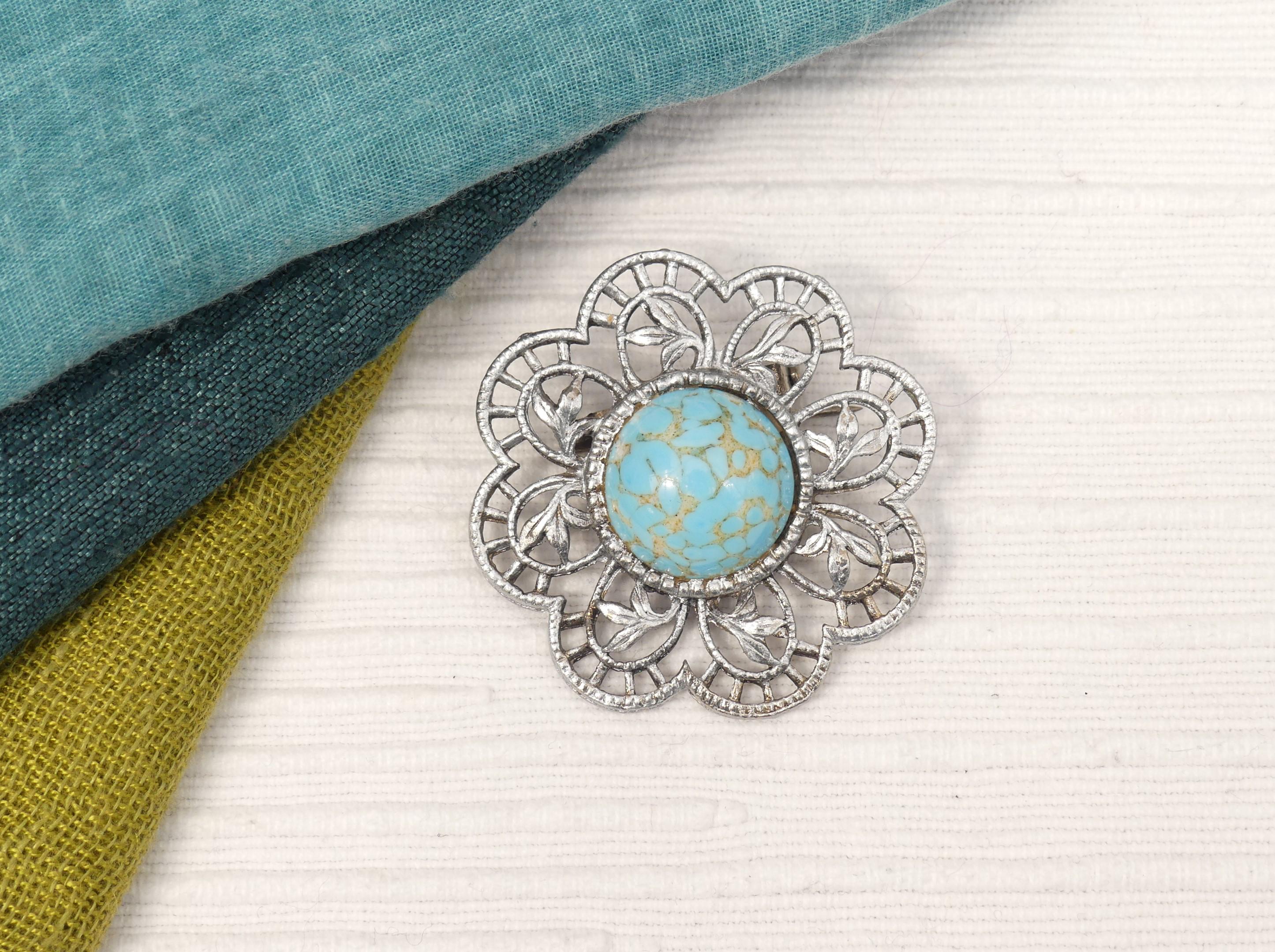 Vintage 1940s Silvertone Czech Filigree Flower Brooch With Silver