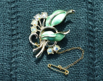 Vintage 1950s Green Enamel Flower Brooch, Gold-tone Brooch with Pale Aqua-green Enamel Leaves and AB Diamanté Stones