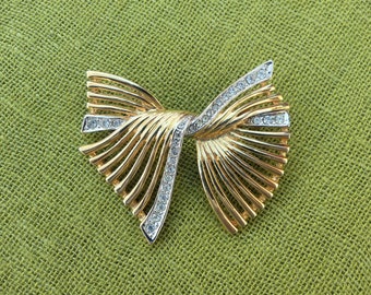 Vintage 1980s Gold-tone Bow Brooch With Diamanté Edging Detail