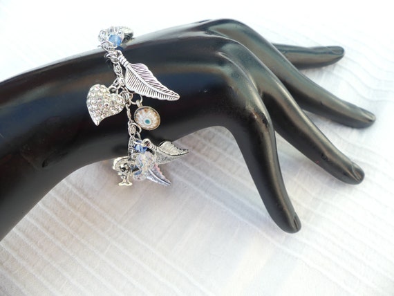 OOAK Silvertone Charm Bracelet, Millefiori Glass,… - image 4