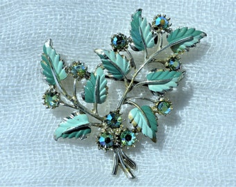 Vintage 1960s - Rhodium-plated Two-tone Turquoise Enamel Leaf Brooch with AB Diamanté Accents
