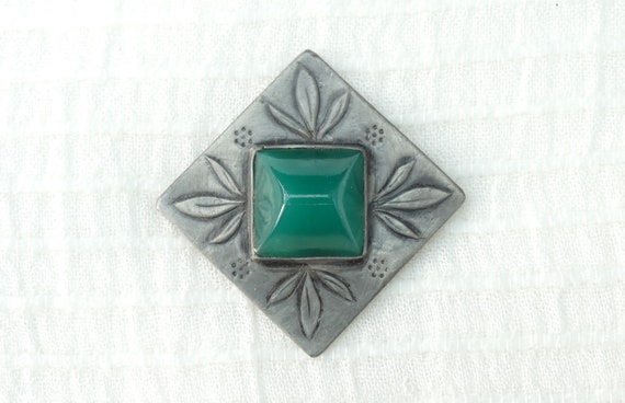 Edwardian Etched Pewter Diamond-shaped Brooch Wit… - image 1