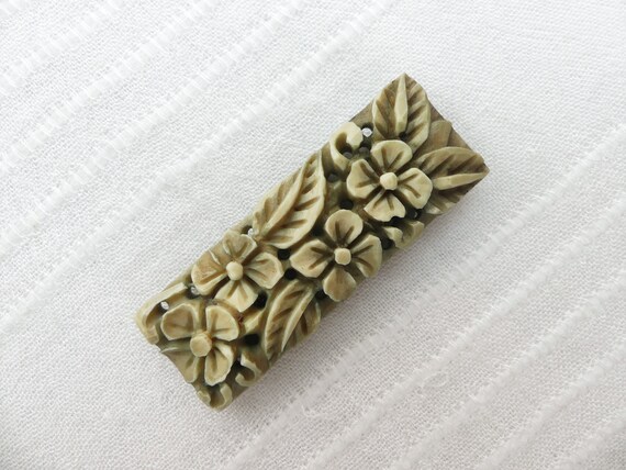 KEIM Ltd Khaki Green Carved Celluloid Floral Dres… - image 1