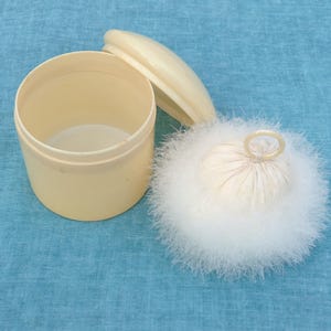 Antique Cream Celluloid Powder Pot With Original Swansdown Powder Puff, Unused Vintage 1920s