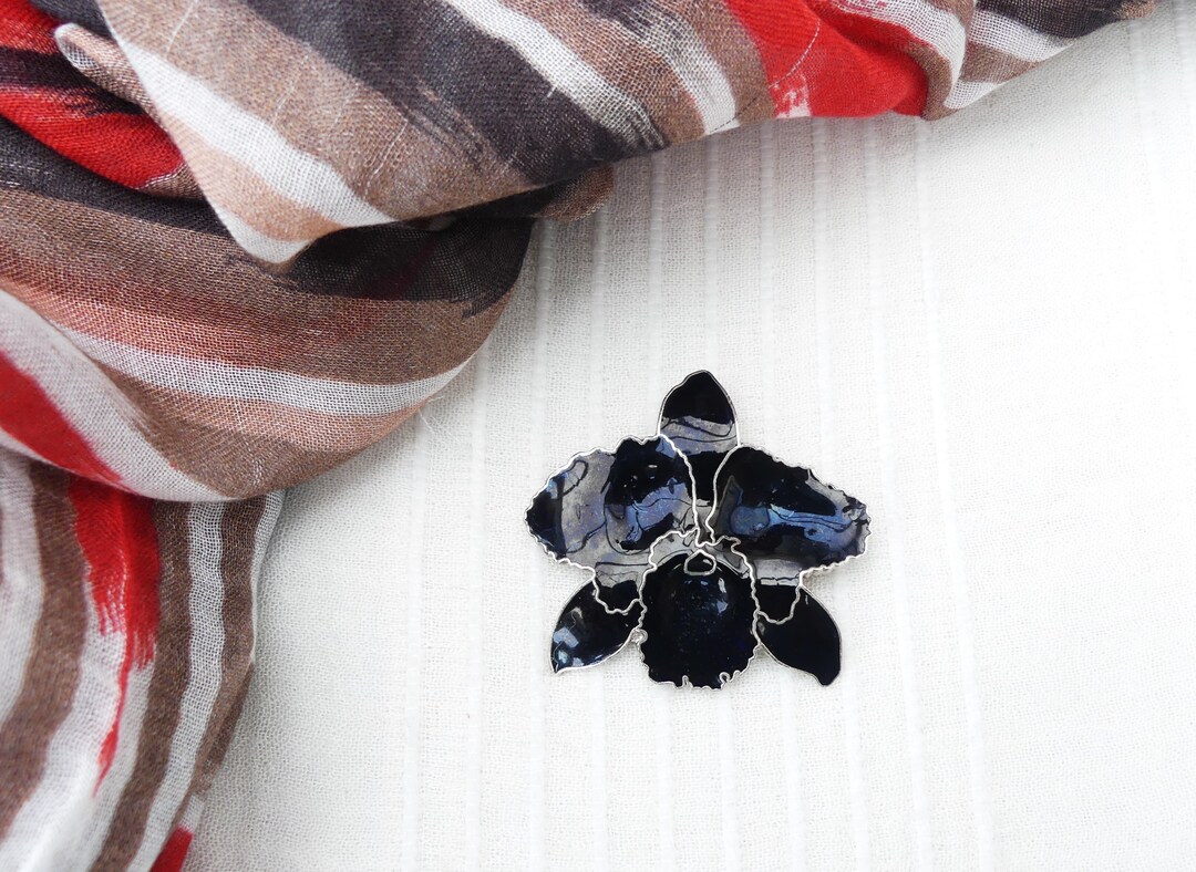 Broche Vintage Orchidée - Émail Cloisonné Or/noir/rouge - Parfait état